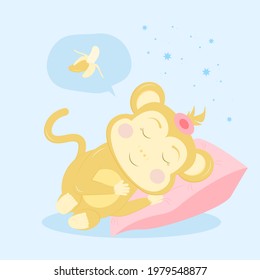 El mono amarillo lindo está durmiendo sobre una almohada rosa sobre fondo azul. Ilustración vectorial de concepto animal bebé en estilo de dibujos animados para vivero, personaje para niños.