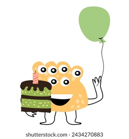 cute yellow monster with baloon and cake for anniversary card. Vector illustration can used for banner, baby birthday background, greeting card, poster for interior. 
