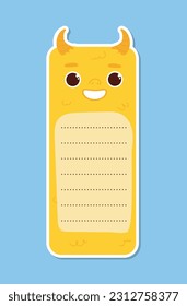 Cute yellow monster bookmark vector. Demon or devil with horns. Love for reading and literature. Fiction and textbook. Education, learning and training. Cartoon flat illustration