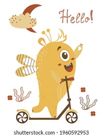 Cute yellow monster boy rides a scooter. Waving a paw - hello. Vector illustration. Childrens collection for postcards, design, decor and printing