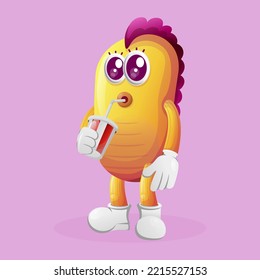 Cute yellow monster drinking soda, cola. Perfect for kids, small business or e-Commerce, merchandise and sticker, banner promotion, blog or vlog channel
