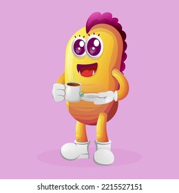 Cute Yellow Monster Drinking Tea, Tea Time. Perfect For Kids, Small Business Or E-Commerce, Merchandise And Sticker, Banner Promotion, Blog Or Vlog Channel
