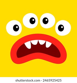 Cute yellow monster face head banner. Happy Halloween. Square monsters. Spooky Smiling Boo angry sad face emotion. Four eyes, teeth fang, mouse, lips. Flat design. Baby kids background. Vector