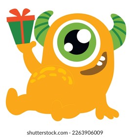 Cute yellow monster with gift