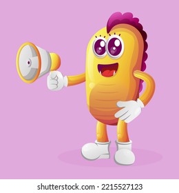 Cute yellow monster holding megaphone. Perfect for kids, small business or e-Commerce, merchandise and sticker, banner promotion, blog or vlog channel
