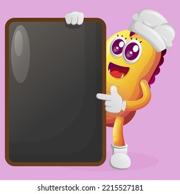 Cute yellow monster holding menu black Board, menu board, sign board. Perfect for kids, small business or e-Commerce, merchandise and sticker, banner promotion, blog or vlog channel
