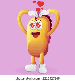 Cute yellow monster with love heart sign hand. Perfect for kids, small business or e-Commerce, merchandise and sticker, banner promotion, blog or vlog channel
