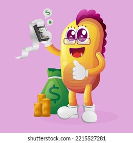 El monstruo amarillo lindo hace un pago. Perfecto para niños, pequeñas empresas o comercio electrónico, mercadería y pegatinas, promoción de banners, blog o canal de vlog
