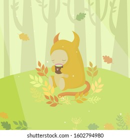 Cute yellow monster and mug of tea in autumn wood. Vector illustration.