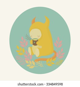 Cute yellow monster and mug of tea in autumn forest. Vector