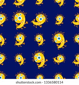 Cute yellow monster number nine seamless pattern in dark blue background. Kids theme.Background, fabric, wrap paper, textile