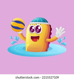 Monstruo amarillo lindo jugando al waterpolo. Perfecto para niños, pequeñas empresas o comercio electrónico, mercadería y pegatinas, promoción de banners, blog o canal de vlog
