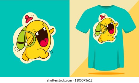 Cute yellow monster with red hat and backpack. Funny character for print. 