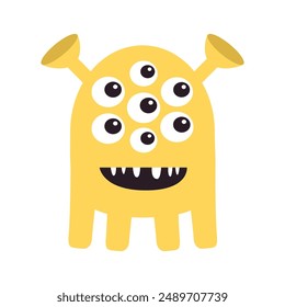 Cute yellow monster standing. Happy Halloween. Monsters silhouette icon. Many eyes, smiling face, horns. Cartoon kawaii funny character. Childish style. Flat design. Isolated. White background. Vector