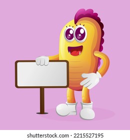 Cute yellow monster standing next to a billboard. Perfect for kids, small business or e-Commerce, merchandise and sticker, banner promotion, blog or vlog channel
