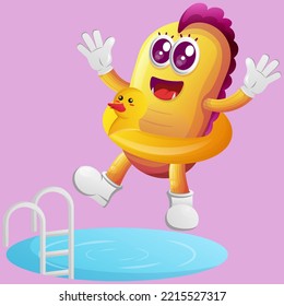 Cute yellow monster swimming with wearing rubber duck tube. Perfect for kids, small business or e-Commerce, merchandise and sticker, banner promotion, blog or vlog channel
