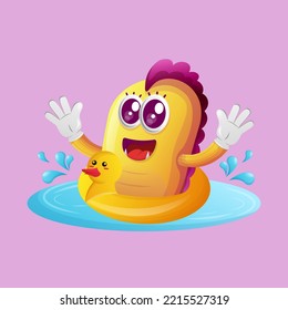 Cute yellow monster swimming wearing rubber duck tube. Perfect for kids, small business or e-Commerce, merchandise and sticker, banner promotion, blog or vlog channel
