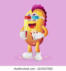 Cute yellow monster watching movie with holding soda and popcorn. Perfect for kids, small business or e-Commerce, merchandise and sticker, banner promotion, blog or vlog channel
