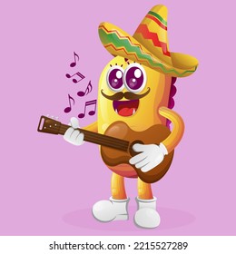 Cute yellow monster wearing mexican hat with playing guitar. Perfect for kids, small business or e-Commerce, merchandise and sticker, banner promotion, blog or vlog channel
