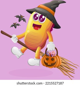 Cute yellow monster witch with holding halloween pumpkin with candy on it. Perfect for kids, small business or e-Commerce, merchandise and sticker, banner promotion, blog or vlog channel
