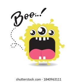 Cute yellow monsters vector illustration, Happy Halloween. Funny Cute cartoon kawaii character with three eyes. Scary boo. Flat design. Baby collection. Greeting card, sublimation, poster etc. Isolate