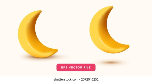 cute yellow moon 3d isolated cartoon style glossy. Realistic 3d design. For mobile applications. Vector illustration,