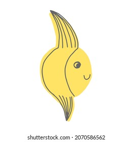 Cute yellow moon fish cartoon, doodle. Vector illustration.