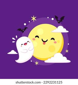 Cute Yellow moon and Ghost. Halloween Vector illustration Isolated over Purple background. Spooky cartoon vector.