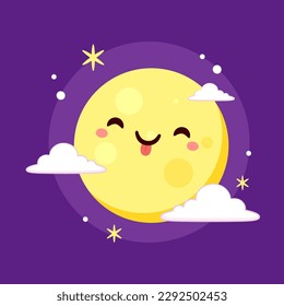 Cute Yellow moon. Halloween Vector illustration Isolated over Purple background.