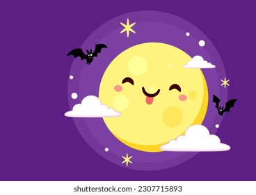 Cute Yellow moon. Halloween Vector illustration Isolated over Purple background.