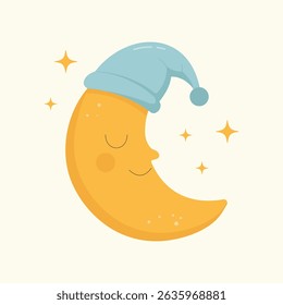 Cute yellow moon in sleeping hat with closed eyes and stars. Cartoon bedtime illustration for kids, nursery, or baby products.