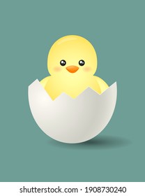 Cute yellow newborn chicken in broken egg isolated on blue background. Vector illustration