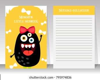 Cute yellow notebook template for kids with black girl monster, vector illustration