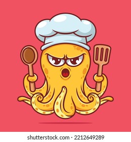 Cute yellow octopus chef with cooking ware wearing chef hat cartoon vector