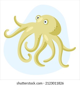 Cute yellow octopus on a blue background. Flat cartoon vector illustration.