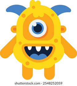 Cute yellow one eyed monster with blue horns smiles, showing teeth, standing on short legs. Perfect for playful designs