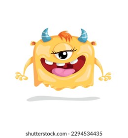 Cute yellow one-eyed monster. Happy Halloween mascot character. Best for kid parties designs, t-shirt and posters. Vector illustration.