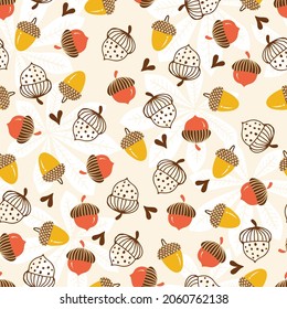 Cute Yellow Orange Acorns with Hearts Vector Seamless Pattern