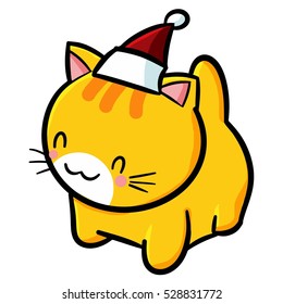 Cute yellow orange kitten smiling with Santa's hat - vector.