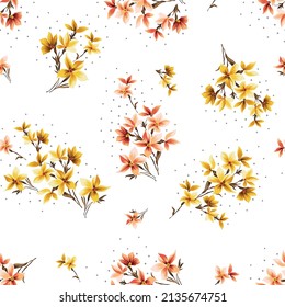 cute yellow and orange vector stock flowers with leaves bunches pattern of white