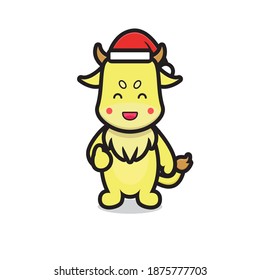 cute yellow ox mascot character wearing santa hat. design isolated on white background.