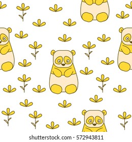 Cute yellow pandas, flowers on a white background. Simple graphics like icons. Cute pandas seamless vector pattern for wallpaper, web page background, textile design, graphic design.  