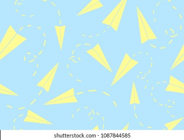 Cute yellow paper planes fly on pastel blue background. Seamless pattern background design in vector illustration.