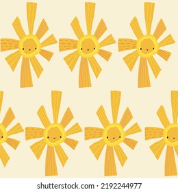 Cute yellow pattern with doodle sun. Seamless background fabric textiles for baby, paper scrapbook.