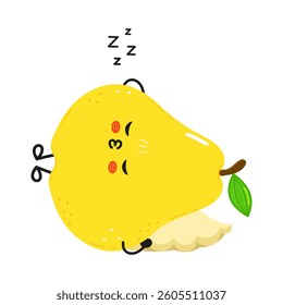 Cute yellow pear cartoon character is sleeping soundly on a pillow, complete with zzz floating above its head, isolated on white.