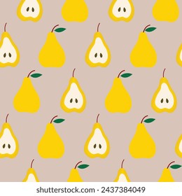 Cute Yellow Pear Fruit Hand Drawn Seamless Pattern - Fresh Healthy Fruit Vector Illustration for Decorative Invitation, Greeting Card, Birthday, Party, Celebration, Wedding, and Kitchen Textiles