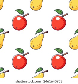 Cute yellow Pear and red Apple seamless pattern in doodle style. Vector cartoon illustration. Pattern for kids clothes. Fruits texture on white background.