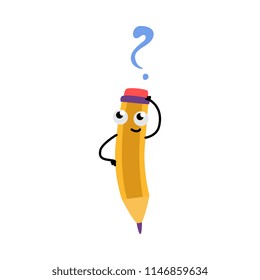 Cute yellow pencil character with eraser stretching head with question smiling. Happy humanized education and back to school symbols with arms, legs facial emotions. Vector isolated illustration