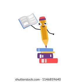 Cute yellow pencil character with eraser showing textbook standing at books pile smiling. Happy humanized education and back to school symbols with arms, legs facial emotions. Vector illustration