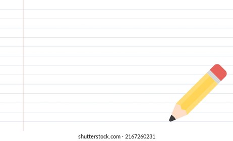 Cute yellow pencil on lined paper presentation background. Back to school concept. Flat vector illustration.